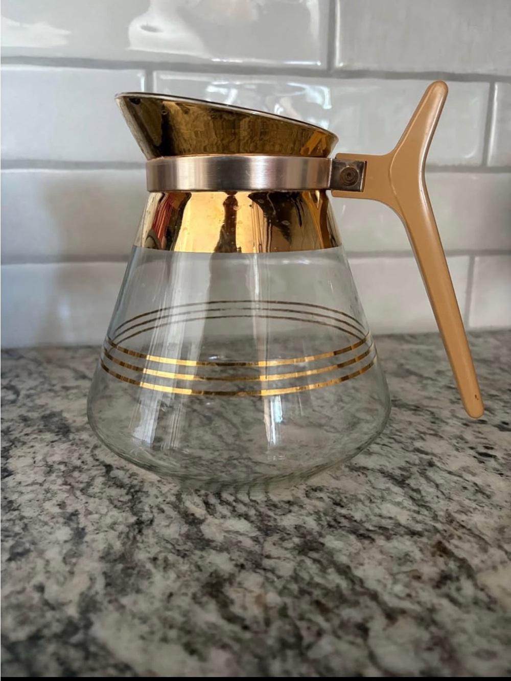 Gold-Trim Glass Coffee Carafe with Beige Handle Retro